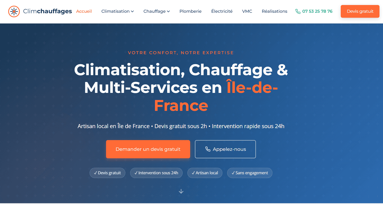 CLIM CHAUFFAGES - Page d'accueil du site Climchauffages développé par Elohim Warren
