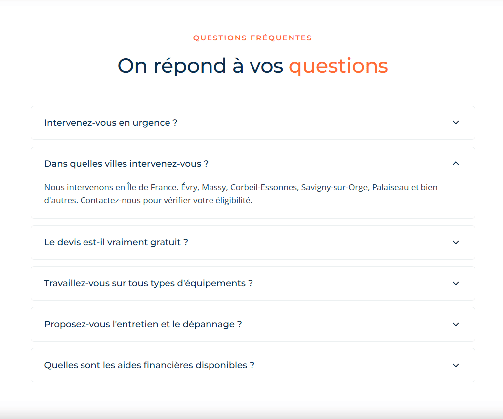 CLIM CHAUFFAGES - Section du FAQ (Foires Aux Questions) du site Climchauffages développé par Elohim Warren