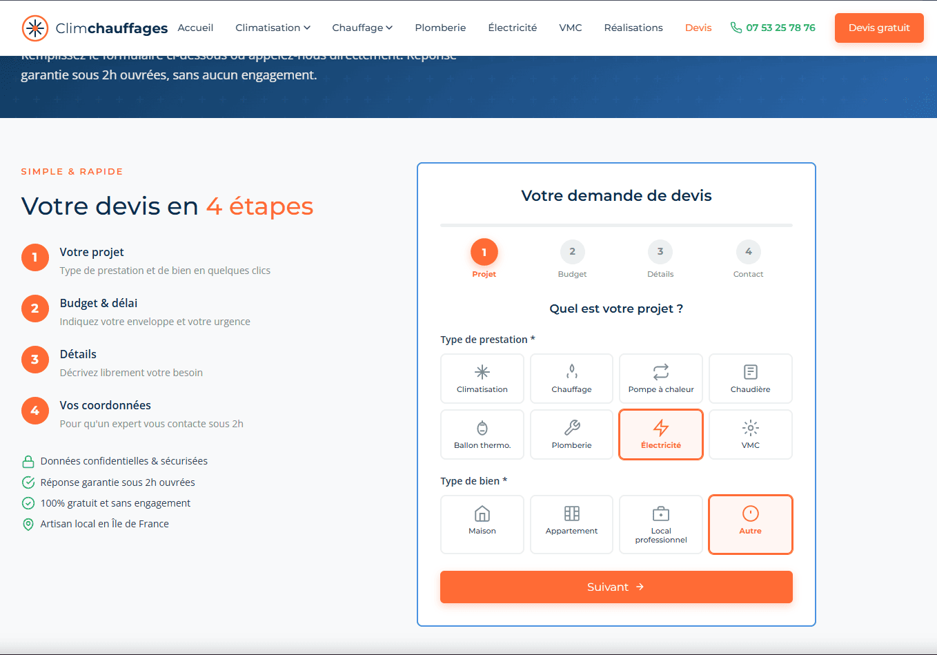 CLIM CHAUFFAGES - Page de demande de Dévis du site Climchauffages développé par Elohim Warren