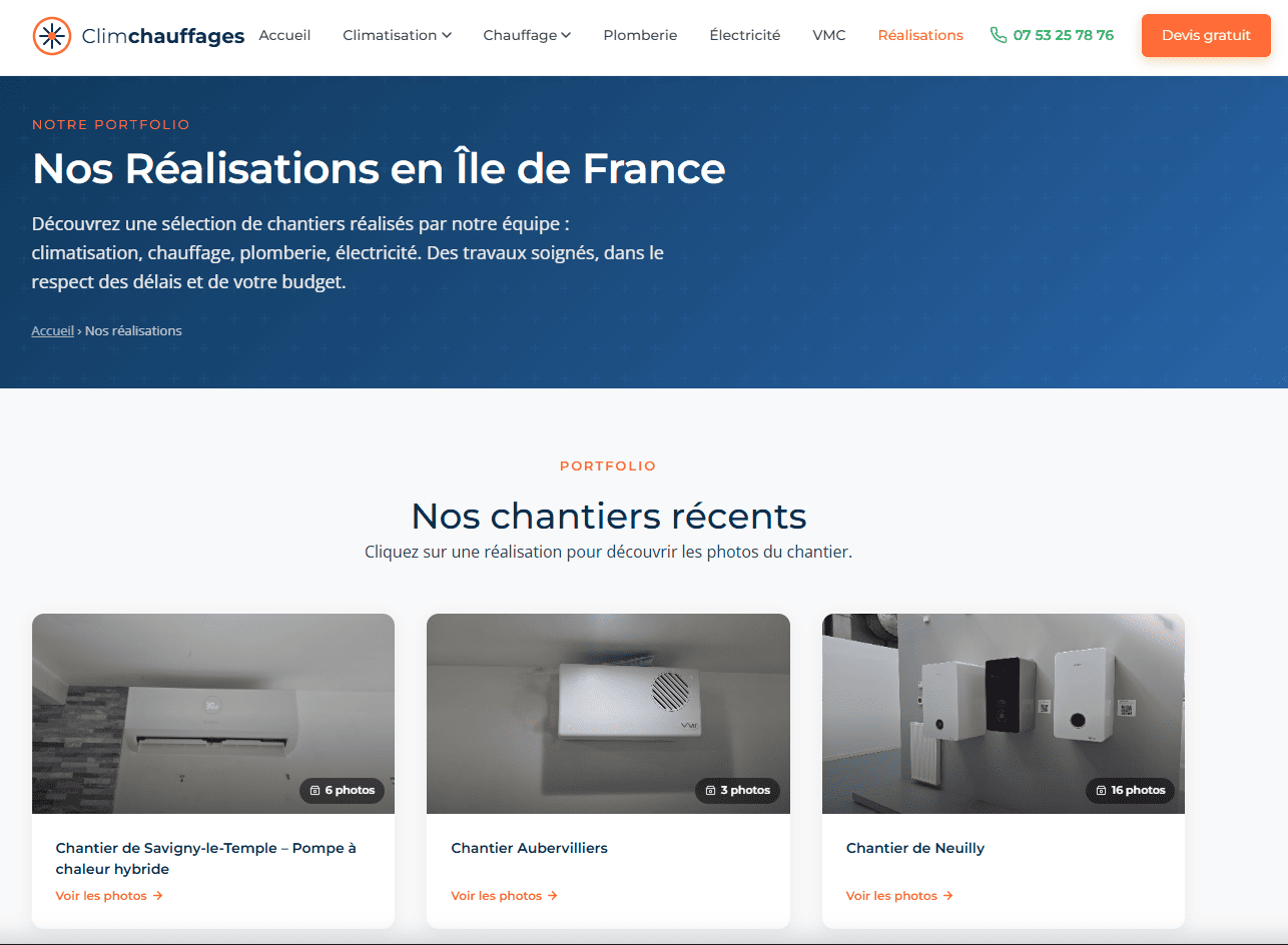 CLIM CHAUFFAGES - Page des réalisations du site Climchauffages développé par Elohim Warren