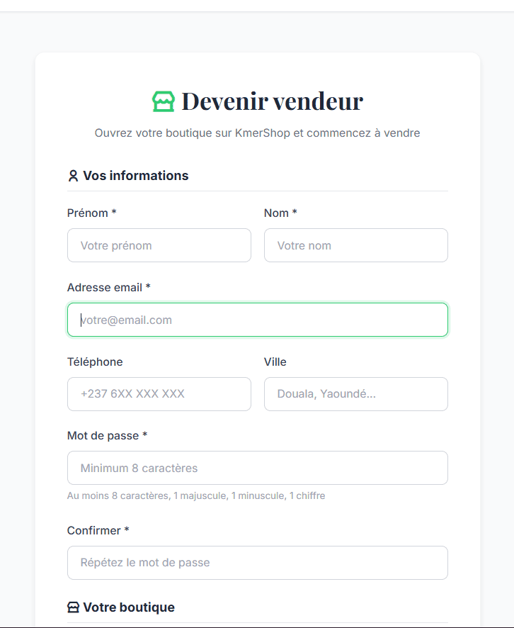 Kmershop - Page de connexion pour vendeur du site Kmershop développé par Elohim Warren