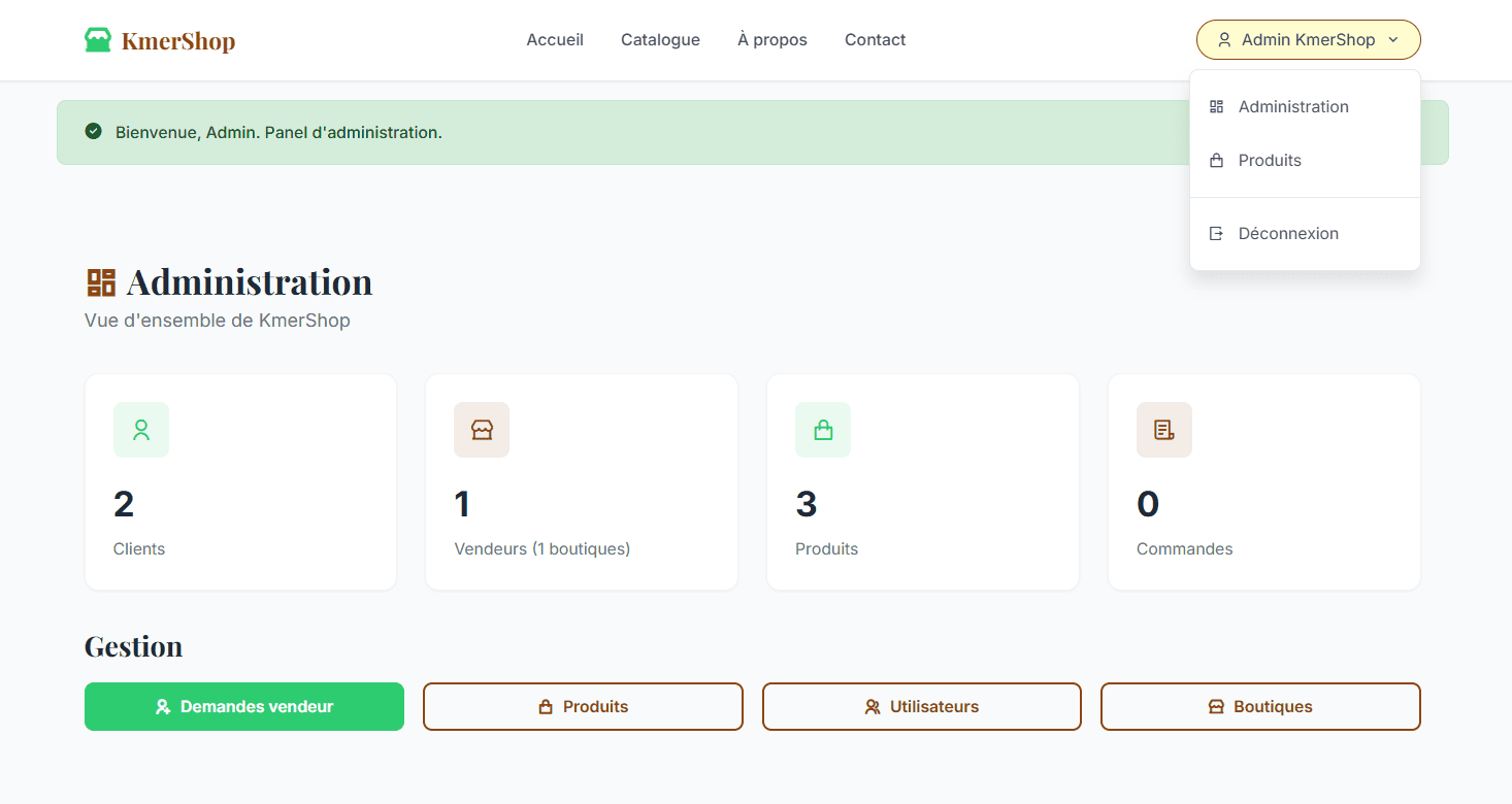 Kmershop - Dashboard admin du site Kmershop développé par Elohim Warren