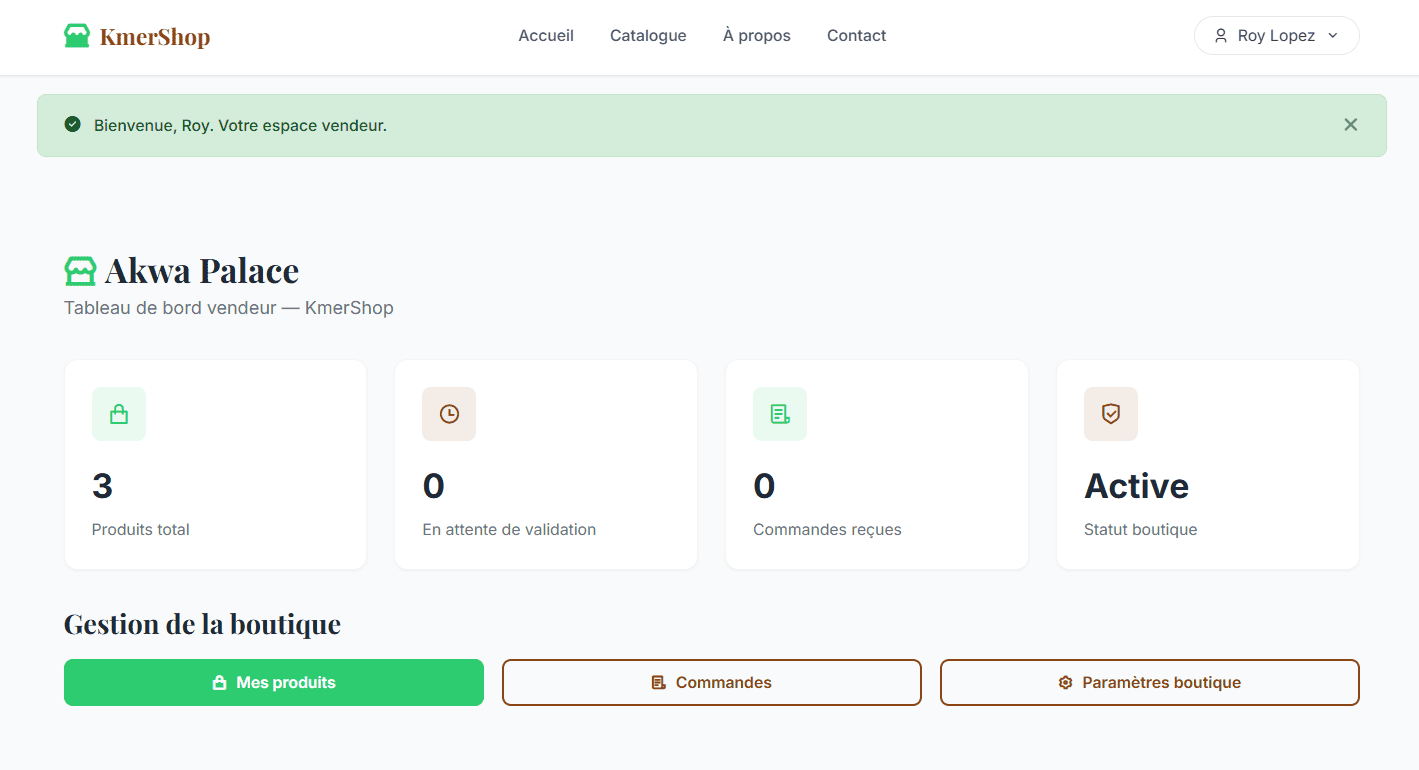 Kmershop - Dashboard vendeur du site Kmershop développé par Elohim Warren