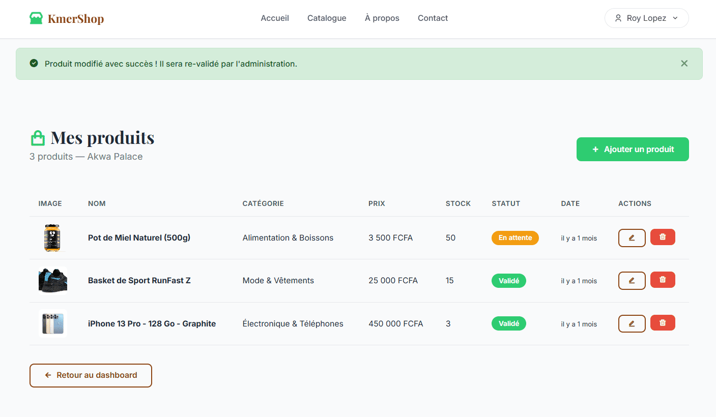 Kmershop - Dashboard des produits présentés par un vendeur du site Kmershop développé par Elohim Warren