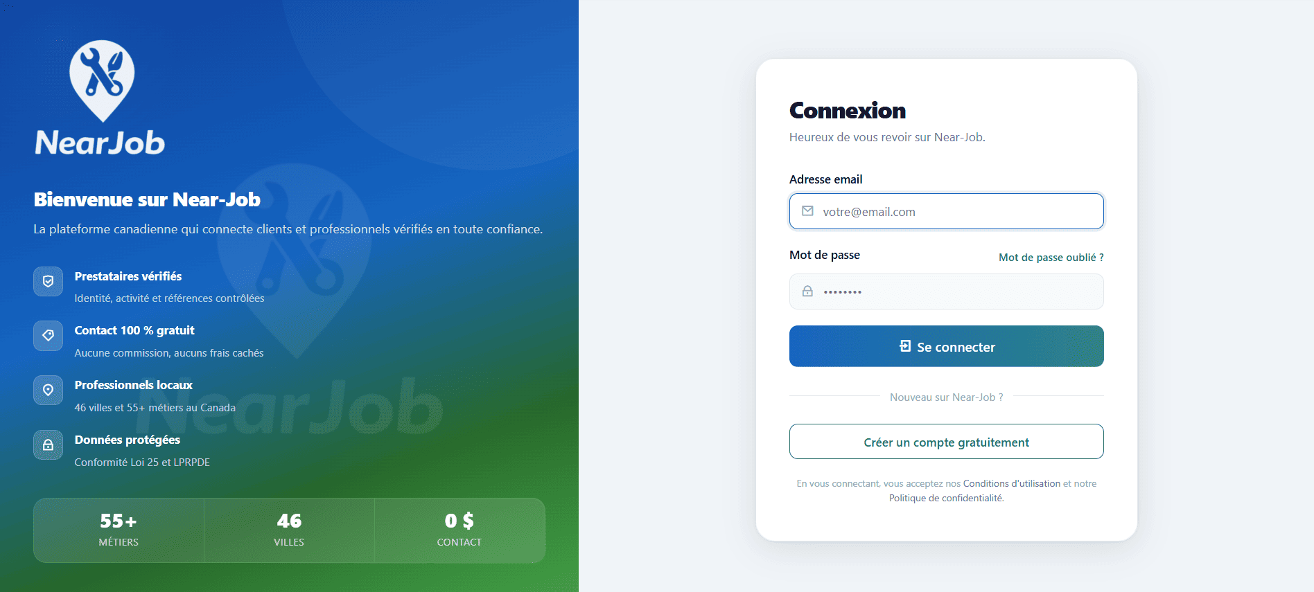 Near-Job - Page de connexion du site Near-Job développé par Elohim Warren