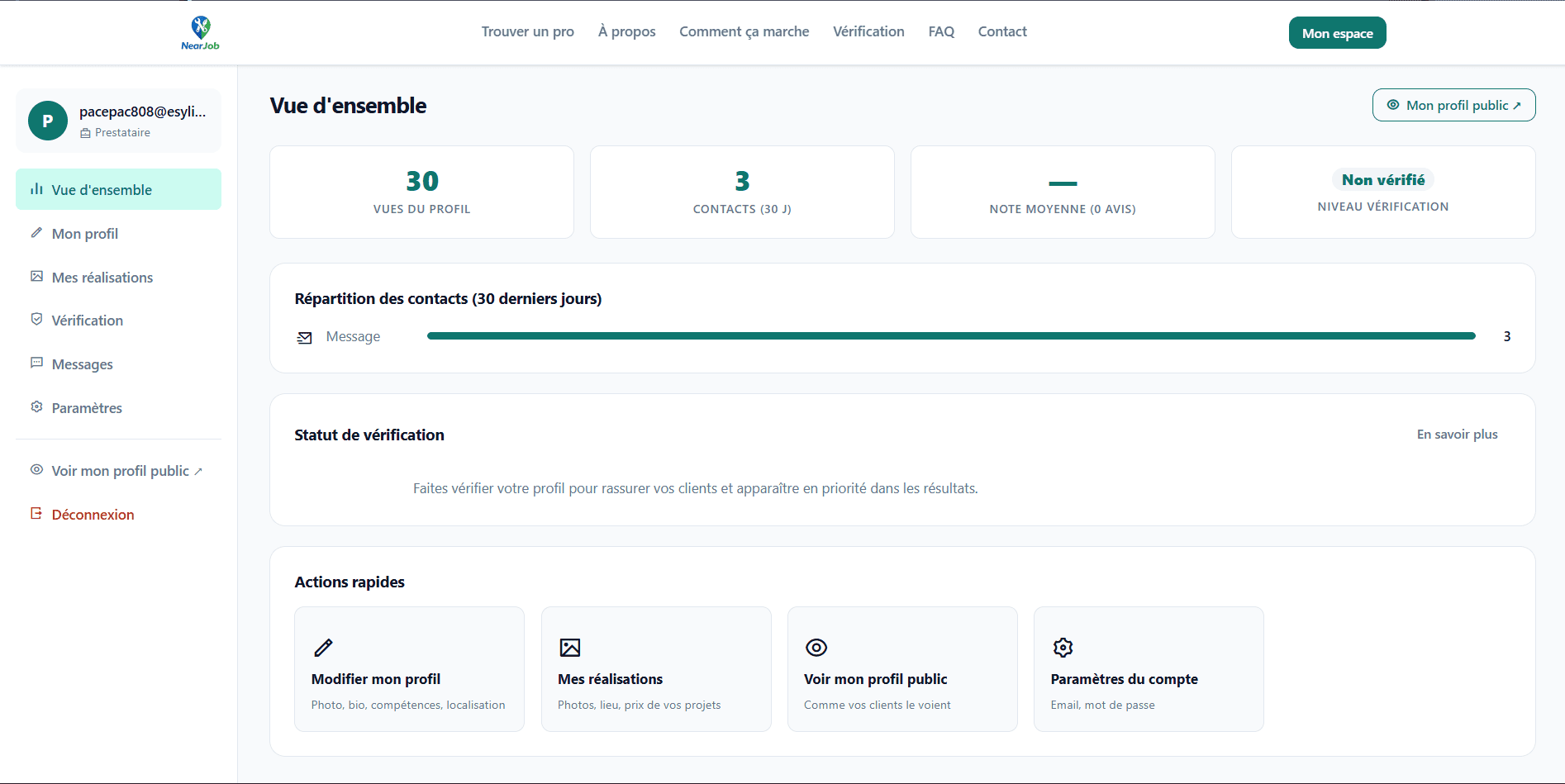 Near-Job - Dashboard côté prestataire du site Near-Job développé par Elohim Warren
