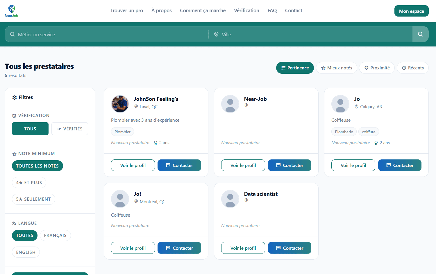 Near-Job - Page de tous les prestataires du site Near-Job développé par Elohim Warren