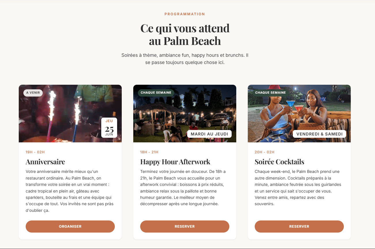 Palm Beach - Section programmation du site Palm Beach développé par Elohim Warren