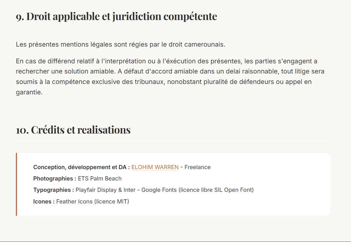 Palm Beach - Page de mentions légales du site Palm Beach développé par Elohim Warren